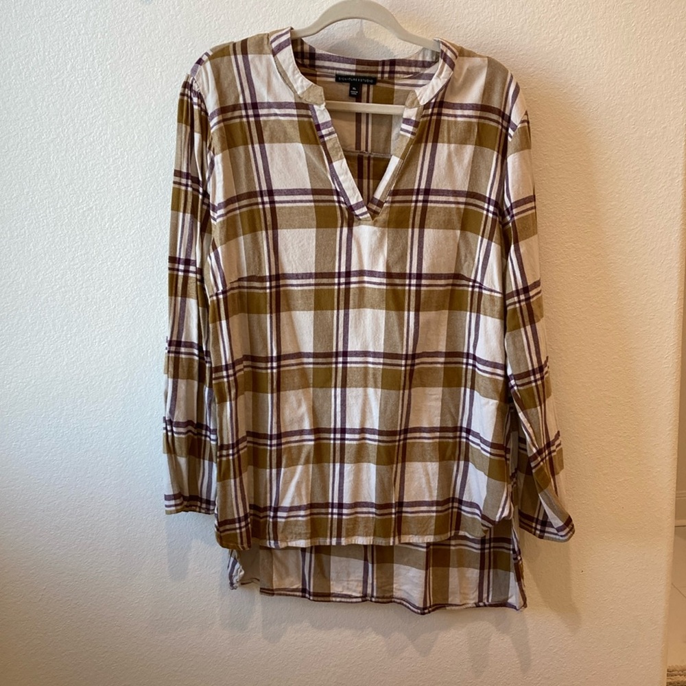 Signature Studio Brown Cream Boxy Tunic with Long Sleeves and Mandarin Collar